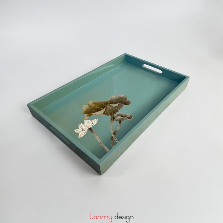 Green rectangle lacquer tray with lotus pattern 28*45 cm
